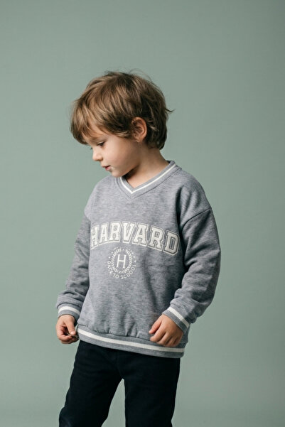 zumino Unisex Kids' V-Neck College Printed Sweatshirt with Stripe Detail