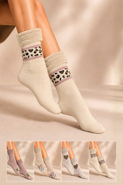 KARDEŞLER ÇORAP Women's Patterned Curly Terry Socks 4 Pairs of Socks