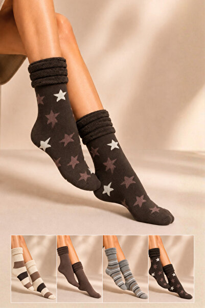 KARDEŞLER ÇORAP Women's Patterned Curly Terry Socks 4-Piece Socks