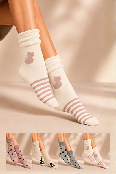 KARDEŞLER ÇORAP Women's Patterned Curly Terry Socks 4-Piece Socks