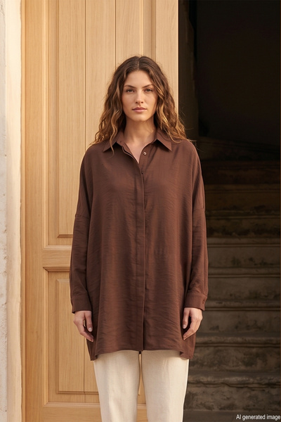 Lale Butik Straight Cut Button Detailed Modal Shirt 19605 Brown