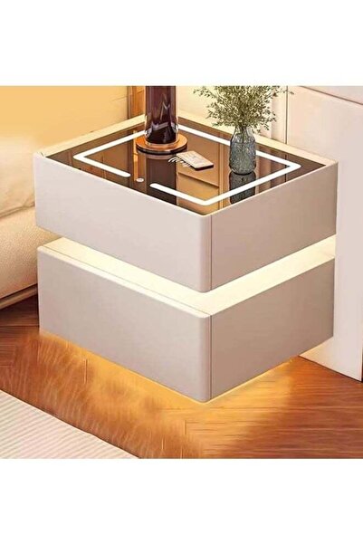 KEKE Modern Bedside Nightstand Table with LED Mirror Sensor Light Wireless Ch...