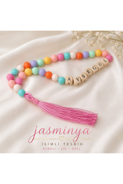 Jasminya İsme Özel Pembe Püsküllü Renkli Boncuklu 33 lü Çocuk Tesbihi