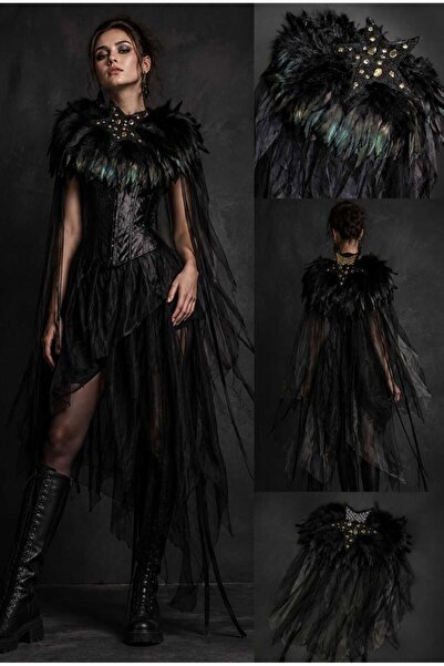 diğer0101 Siyah Tüylü Yıldız Taçlı Gotik Kostüm Aksesuarı – Dekoratif Omuz Pe...