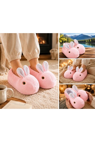 ZERDALİFE Women's Pink Rabbit Plush House Slippers Soft Warm Winter Slippers