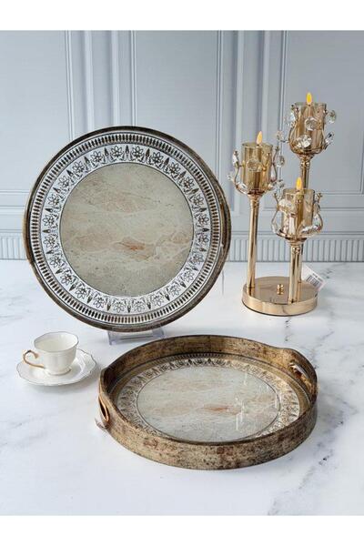 ROSSEV Antique Wood Look Glass Tray Set of 2 with Marble Pattern