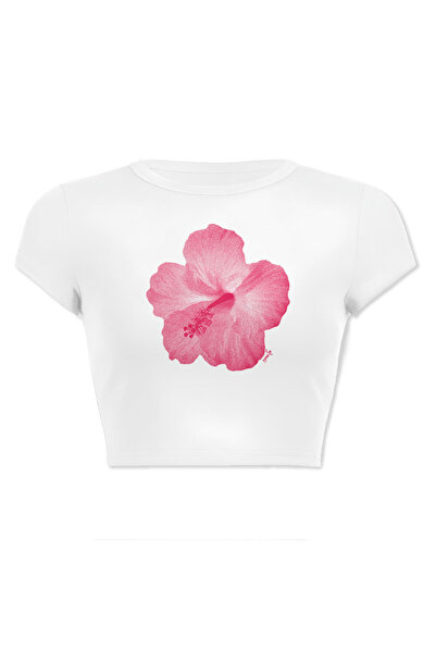 designedfy Kadın Pembe Çiçek Baskılı Crop Beyaz Hibiscus Flower Baby Tee