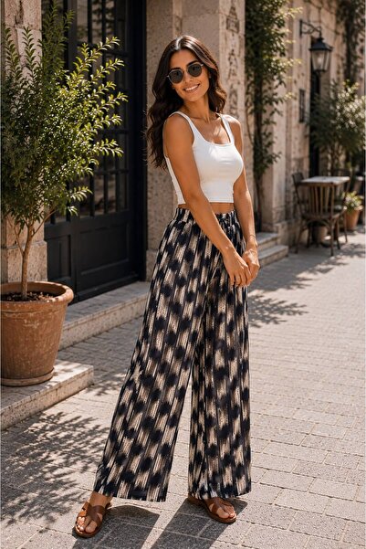 THEBEK Viscose Basic High Waist Wide Leg Lace-Up Women's Trousers Dasanli