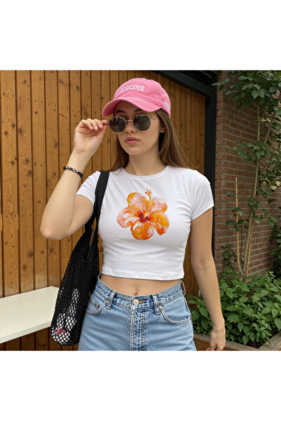 designedfy Kadın Hibiscus Çiçek Baskılı Pamuklu Likralı Crop Beyaz
