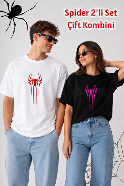FANA Spider Printed Unisex Oversize T-Shirt Couple Combination Loose Fit Spid...