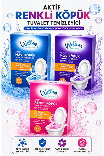 Wellnax breeze refresh 3’Lü Aktif Mor/Pembe/Mavi Köpük Tuvalet Temizleyici Ki...