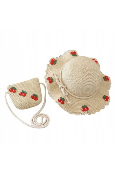 NO BRAND SET geantă și pălărie 52cm pentru fetiță din paie STRAWBERRY CHERRY ...