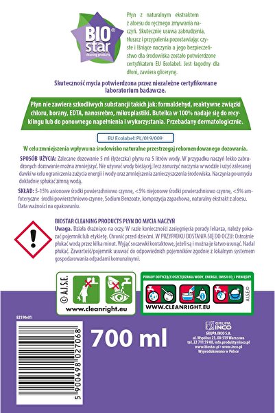 Biostar Detergent lichid de vase ecologic cu aloe 700 ml x4