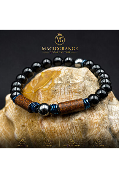 magıcgrange Men's Natural Stone Bracelet – 8 mm Black Crystal Onyx, Silver Hematite, Blue Hematite, and Wood Detailed Design Noble Wood