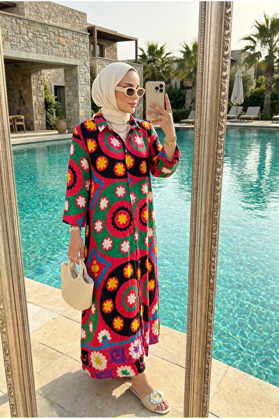 Kirazca Butik Women's Bohemian Patterned Shirt Collar Buttoned Hijab Shirt Dress