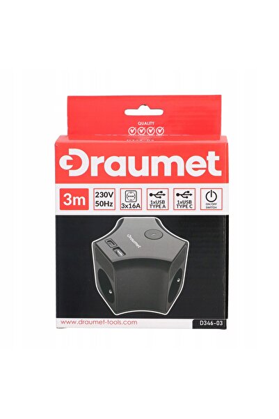 NO BRAND DRAUMET prelungitor tip cub negru 3 prize 3,0m cu întrerupător USB-A...