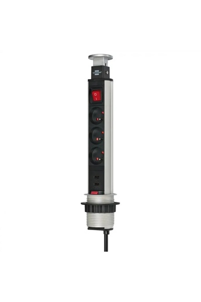 Brennenstuhl Priză multiplă de birou cu 3 prize, USB și cabluri retractabile.