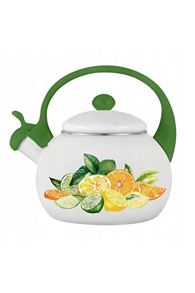 NO BRAND Ceainic emailat de 2.2L cu fluier, cu motiv citrice, alb-verde