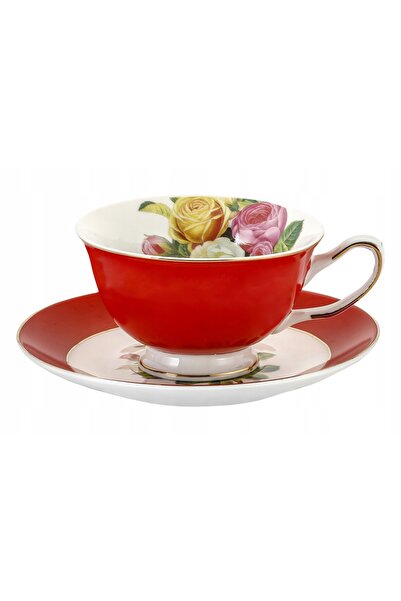 NO BRAND Ceașcă de cafea și ceai din porțelan cu farfurioară, ROȘIE, cu flori...
