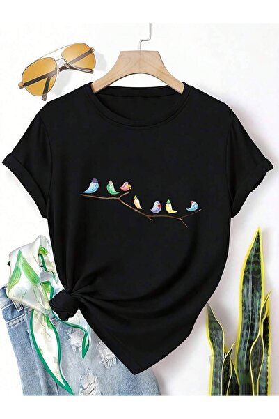 k222 Plus Size Women'S Casual Neck T-Shirt Colorful Birds On Branch Printed -...