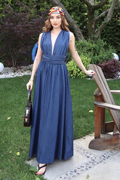 Generic Brand Blue Back Detailed Tie-Up Denim Dress