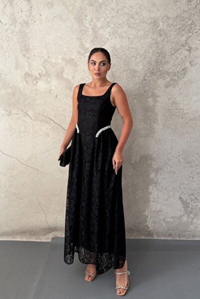 Elbee Fashion Woman Black Stone Detailed Lace Dress