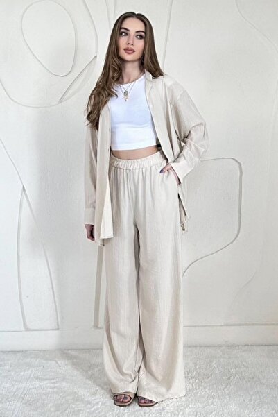 ELBEE    Beige Alice Shirt and Loose Cut Pants Set