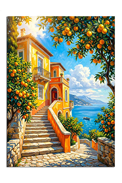 Artmeg Casă mediteraneană cu scară și portocale - Pânză decorativă - Masă din...