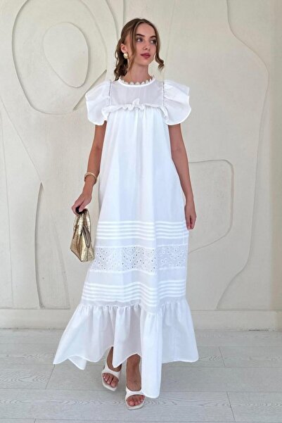 SEREMONİ BUTİK White Shoulder Ruffle Detailed and Drawstring Dress