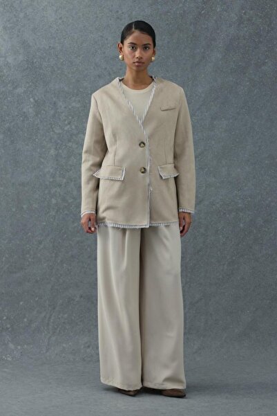 ELBEE Beige Striped Lined Garnished Suede Jacket