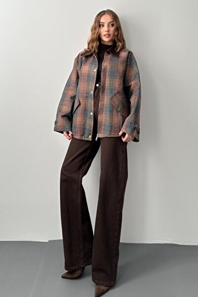 ELBEE Brown collar trimmed plaid detailed jacket