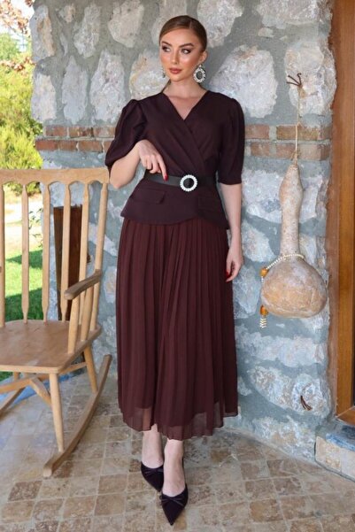 Generic Brand Brown Double-Breasted Collared Dress with Belt and Pleated Detail