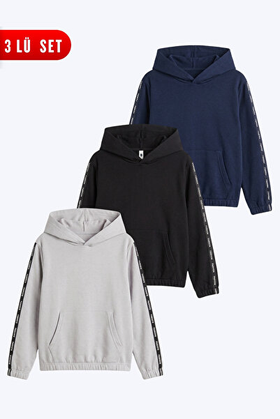 FYK KİDS 3-Piece Girls' Hooded Sweatshirt with Kangaroo Pockets and Stripe De...