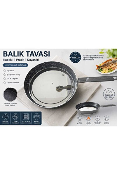 denizhomecollection Aluminum Granite Coated Fish Pan with Lid 34cm