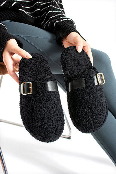 ModaMert Women's Black Buckle Detailed Winter Comfortable Women's Slippers