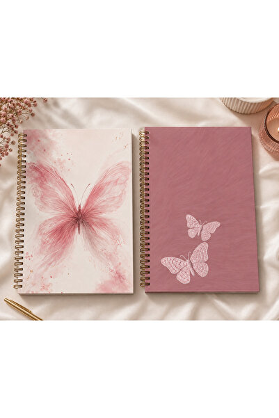 Eseran Print Pembe Kelebek Spiralli Defter – 2’li Set