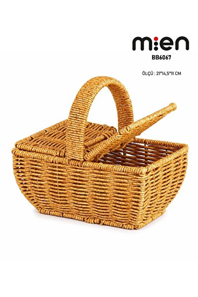 MİEN Rectangular Wicker Rattan Mini Organizer Basket with Handle 21X14.5X11 cm