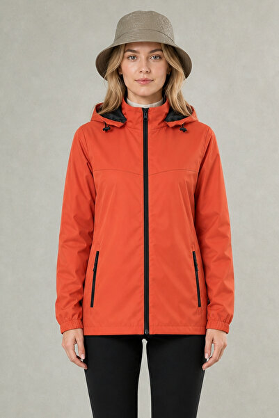 Montland Women's Orange Removable Hooded Water and Wind Resistant Zippered Ra...
