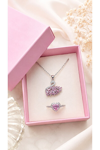 shop PEMBE KUĞU KOLYE İLE CİDDİ İLİŞKİ YÜZÜĞÜ ÇELİK SET