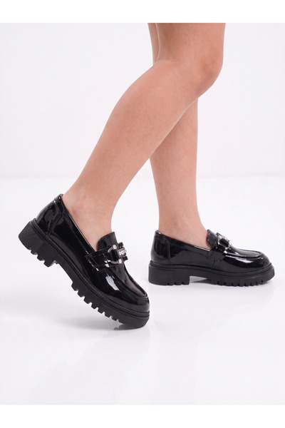 Adım Dünyası Girls' Patent Leather Loafer Shoes with Stone and Stylish Buckle...