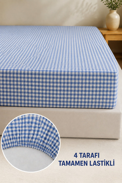 nnevora Cotton Elastic Sheet 160X200 cm Double Size Gingham Patterned with Fu...