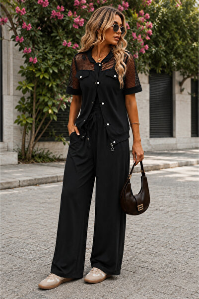 Kokosh moda Modern și cool - Pantaloni Palazzo cu nasturi și detalii din plas...