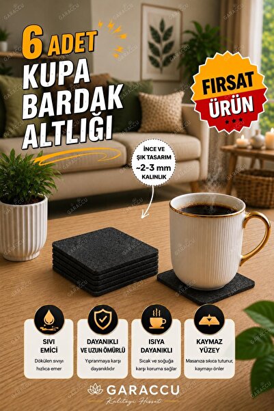 garaccu Premium Keçe Kare Bardak Altlığı 6 Adet Antrasit
