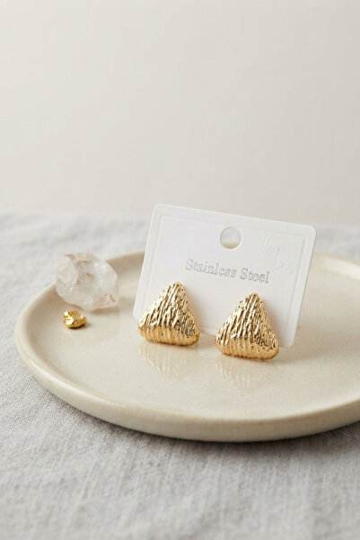 Clariss 316L Steel Gold Color Vintage Embossed Triangle Model Earrings
