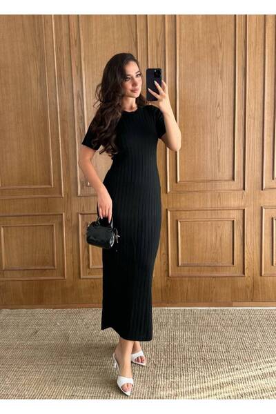 Abir Elmas elbise Fitilli Kısa Kol Yazlık Kumaş UzunElbise triko s/m👗