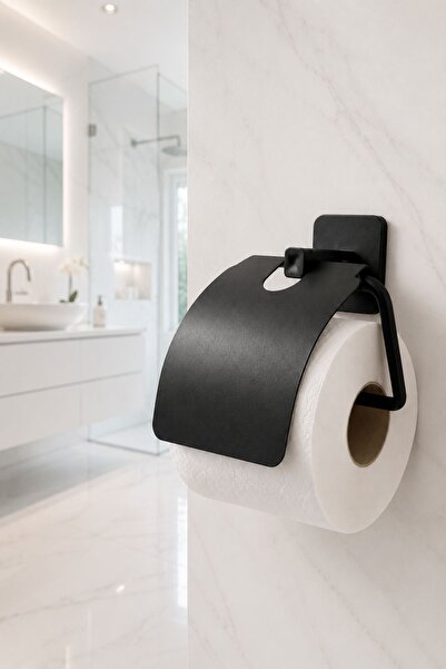 risingmaber Siyah Yapışkanlı Metal Kapaklı Tuvalet Kağıtlığı WC kağıtlık ve Tuvalet Kağıdı Askısı MT134S