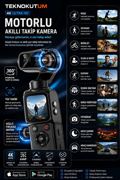 TEKNOKUTUM 4K Ultra HD Motorlu Akıllı Yüz Takipli El Tipi Kamera – 64MP – 2 Eksenli Gimbal – 330° Otomatik Takip – 1.7” Dokunmatik Ekran