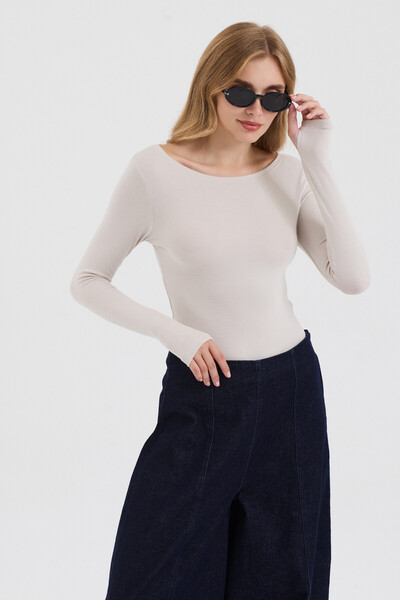 MODiSCHO Women's Boat Neck Beige Slim Fit Finger-Loop Ultra Soft Flexible Lyc...