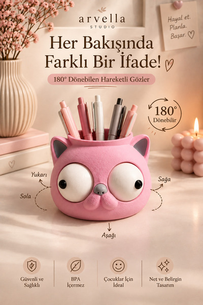 Arvella Studio Göz Hareketli Masaüstü Kedi Kalemlik – 180° Dönebilen Gözler, ...