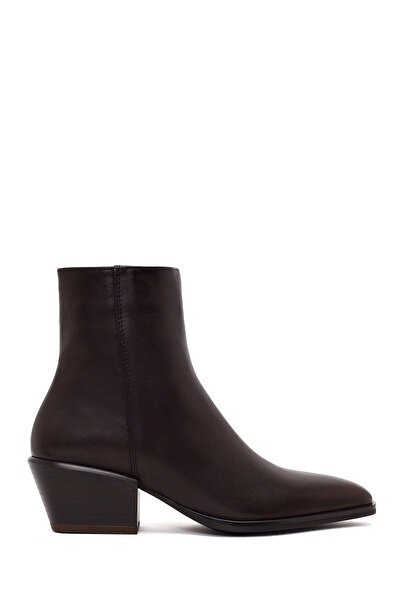 Derimod Women's Brown Zippered Short Thick Heeled Leather Cowboy Boots Af1900...